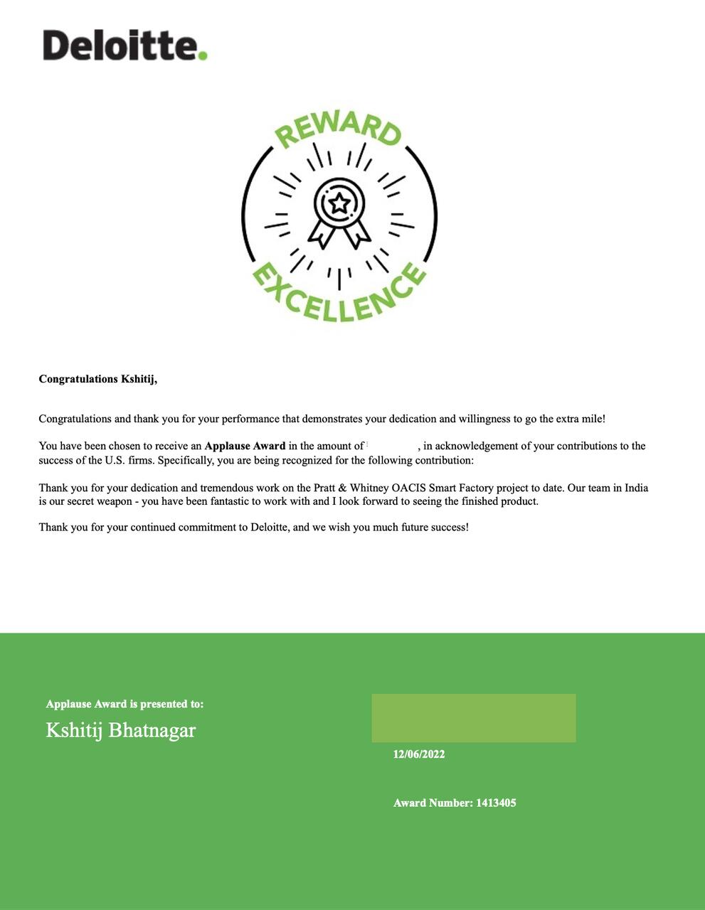 Excellence Award certificate